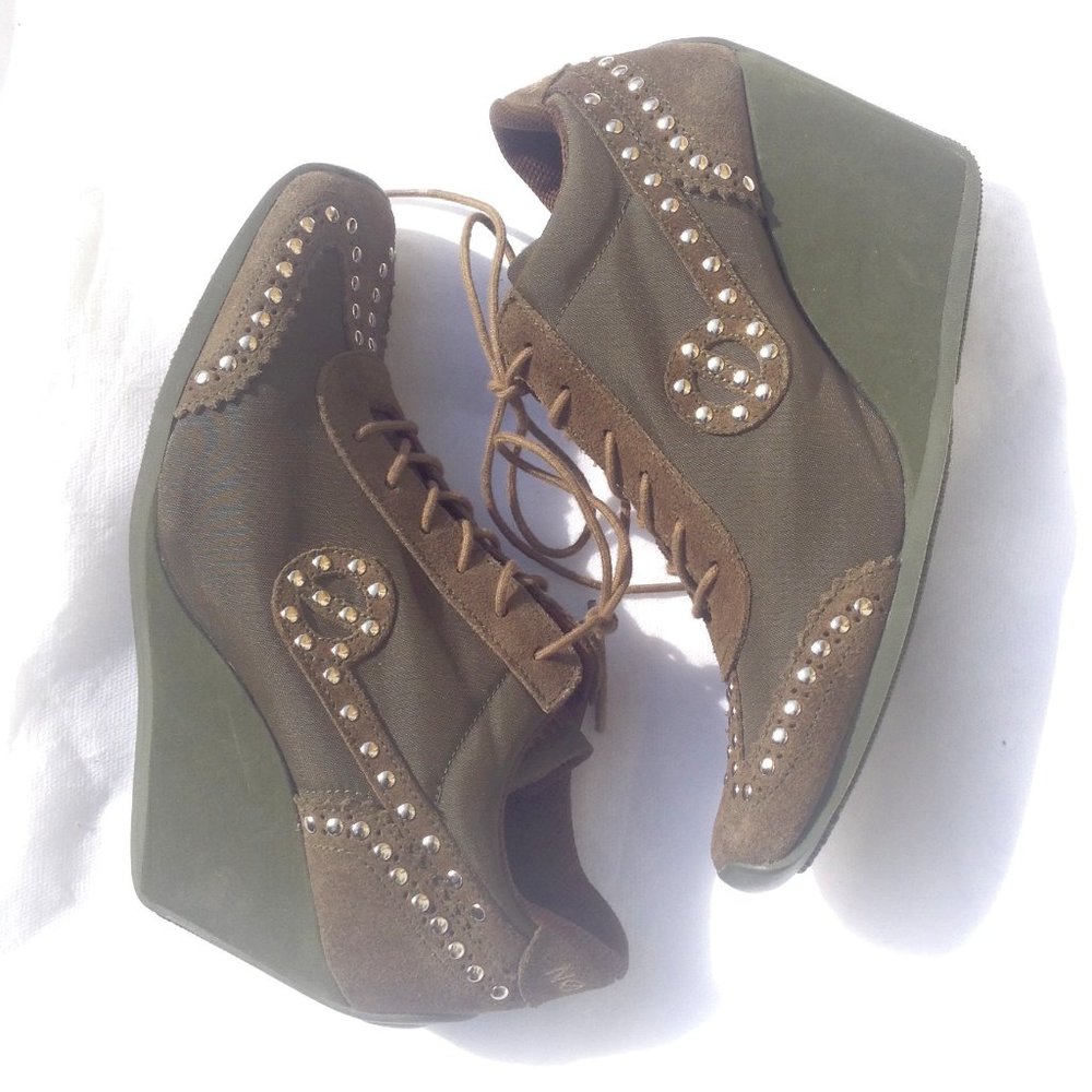 NO NAME Green Leather Cuir Platform Wedge Sneakers
